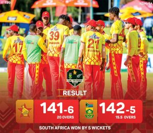 Read more about the article South Africa beats Zimbabwe by five wickets in T20I Tri-Series opener